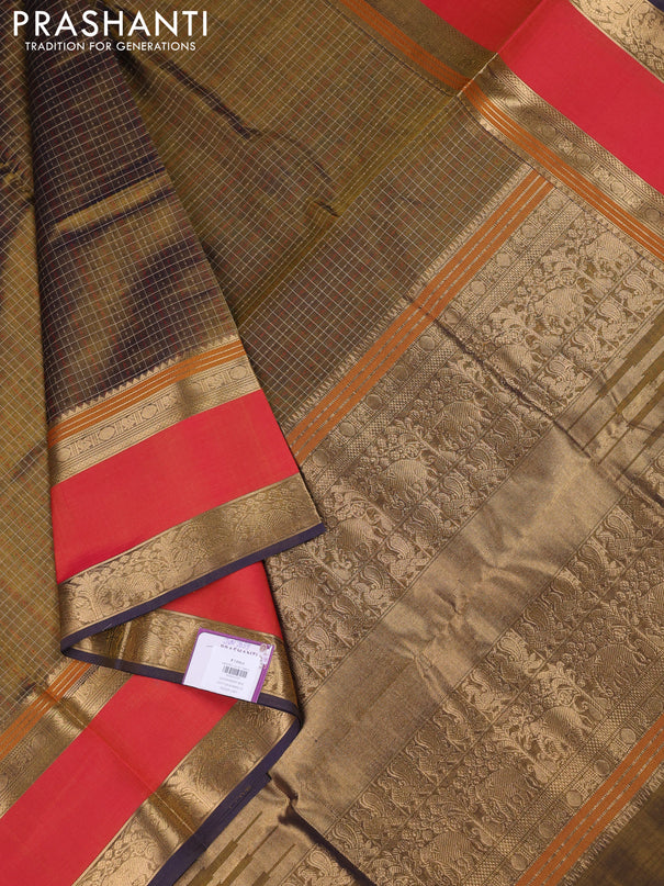 Kanchipuram silk cotton saree olive green and red with allover lakshadeepam weaves and rettapet zari woven border