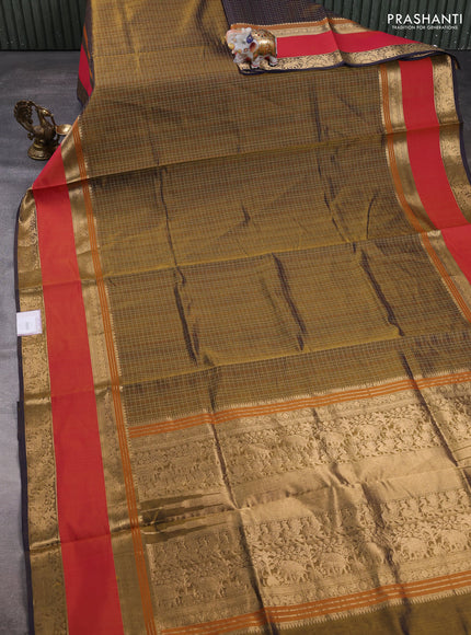Kanchipuram silk cotton saree olive green and red with allover lakshadeepam weaves and rettapet zari woven border