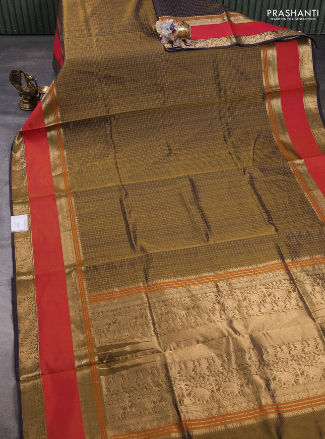 Kanchipuram silk cotton saree olive green and red with allover lakshadeepam weaves and rettapet zari woven border