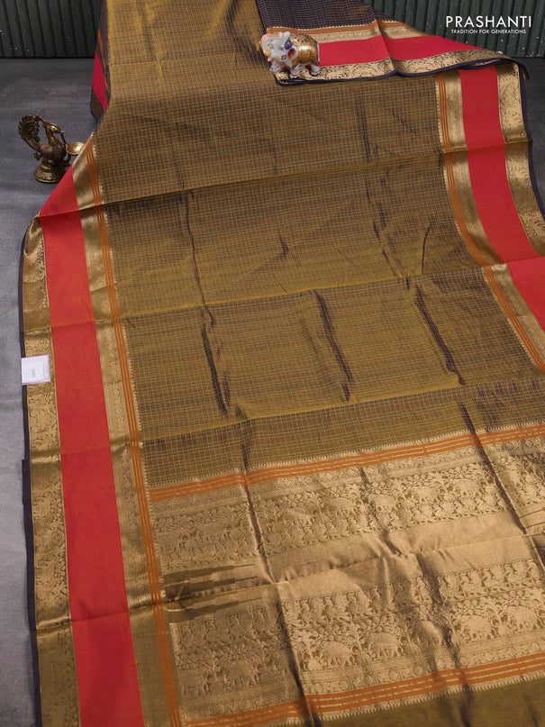 Kanchipuram silk cotton saree olive green and red with allover lakshadeepam weaves and rettapet zari woven border