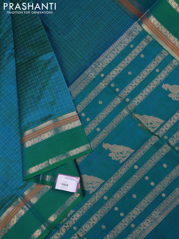 Kanchipuram silk cotton saree dual shade of teal bluish green with allover lakshadeepam weaves and rettapet zari woven border