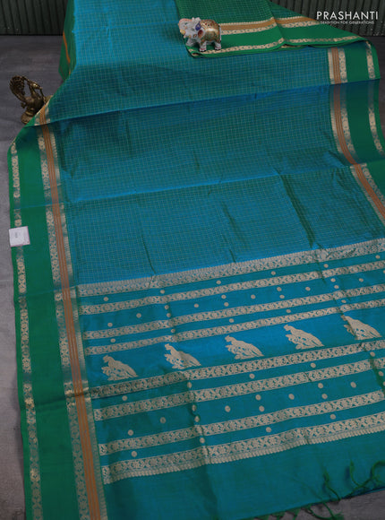 Kanchipuram silk cotton saree dual shade of teal bluish green with allover lakshadeepam weaves and rettapet zari woven border