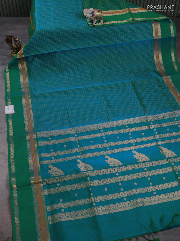 Kanchipuram silk cotton saree dual shade of teal bluish green with allover lakshadeepam weaves and rettapet zari woven border
