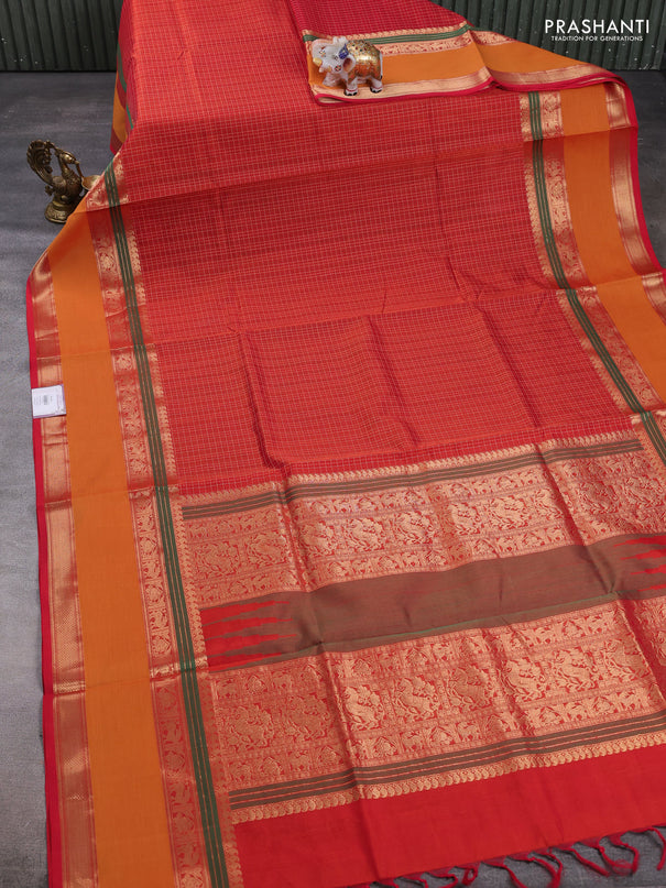 Kanchipuram silk cotton saree orange and mustard yellow with allover lakshadeepam weaves and rettapet zari woven border