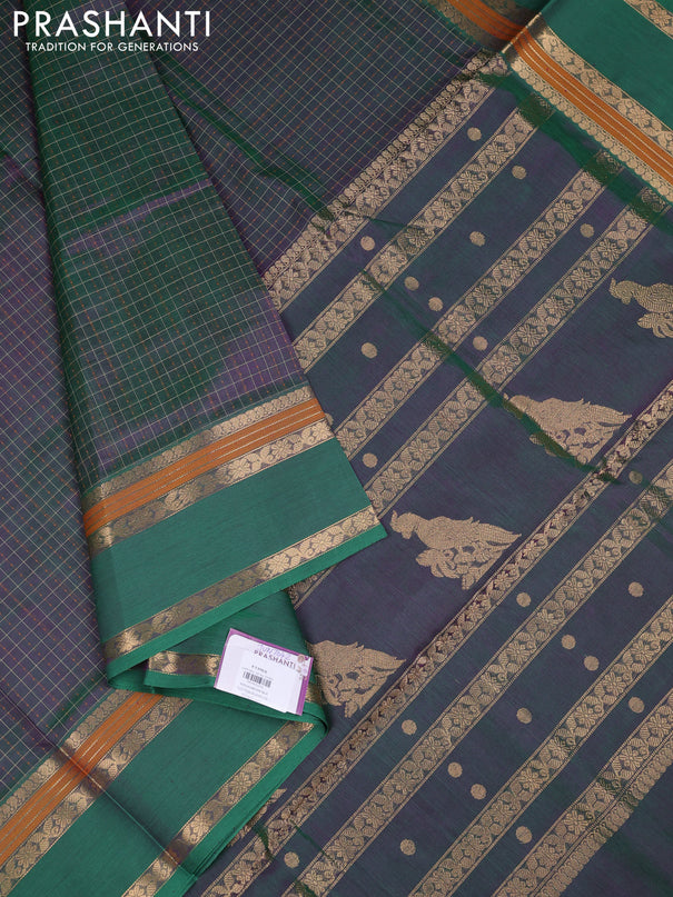 Kanchipuram silk cotton saree dual shade of greenish purple with allover lakshadeepam weaves and rettapet zari woven border