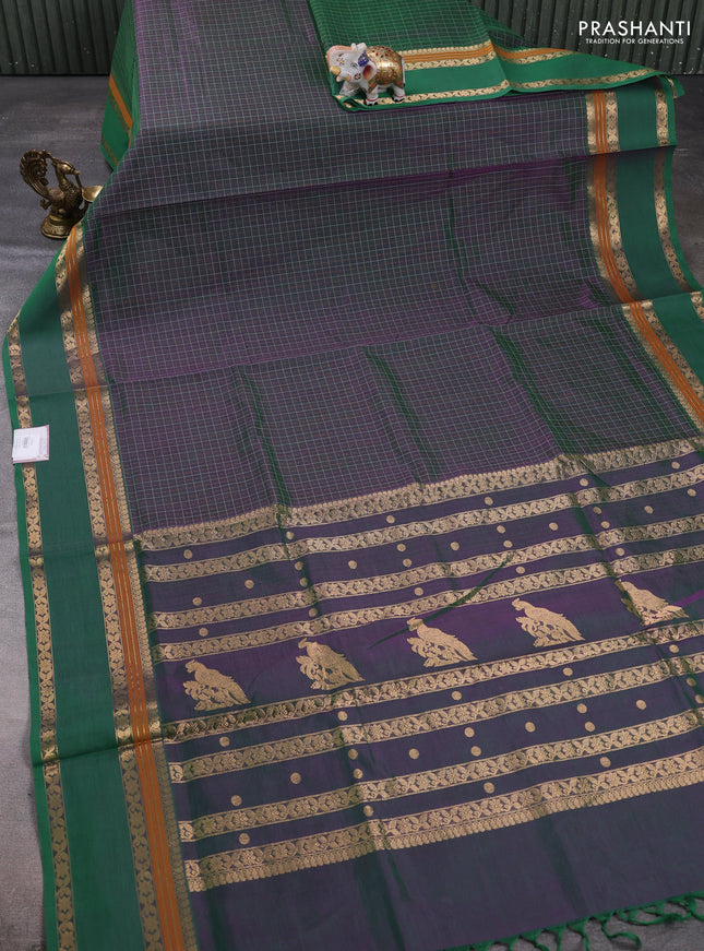 Kanchipuram silk cotton saree dual shade of greenish purple with allover lakshadeepam weaves and rettapet zari woven border