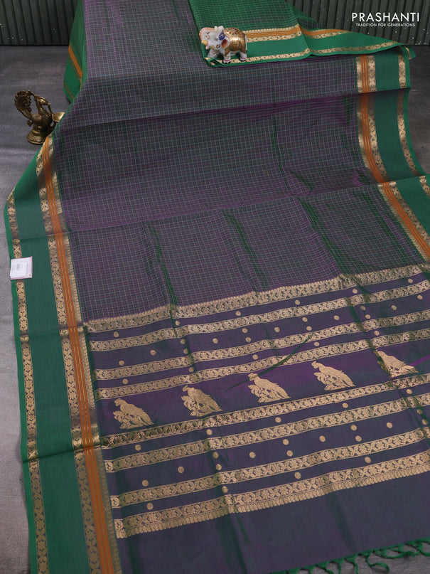 Kanchipuram silk cotton saree dual shade of greenish purple with allover lakshadeepam weaves and rettapet zari woven border