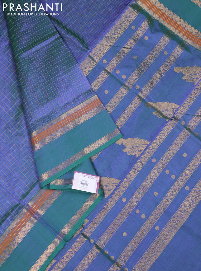 Kanchipuram silk cotton saree dual shade of bluish green with allover lakshadeepam weaves and rettapet zari woven border