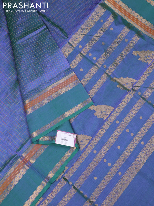 Kanchipuram silk cotton saree dual shade of bluish green with allover lakshadeepam weaves and rettapet zari woven border