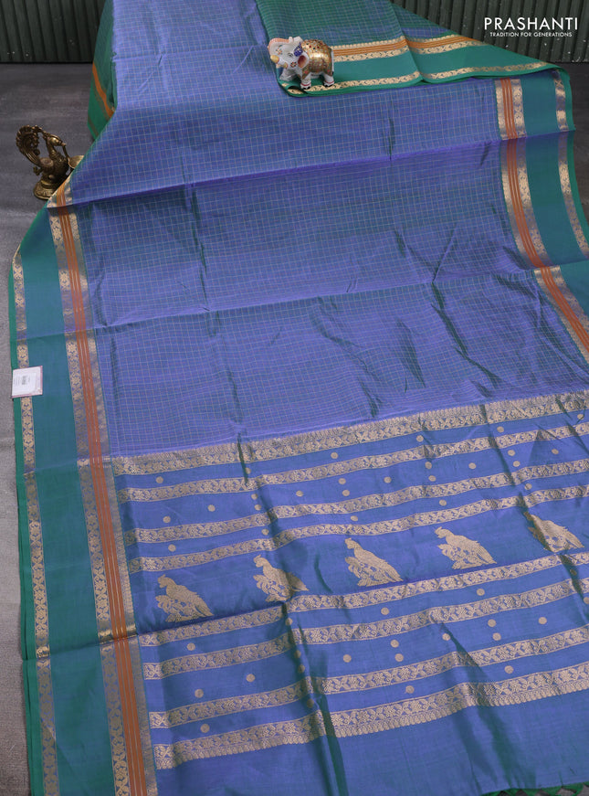 Kanchipuram silk cotton saree dual shade of bluish green with allover lakshadeepam weaves and rettapet zari woven border