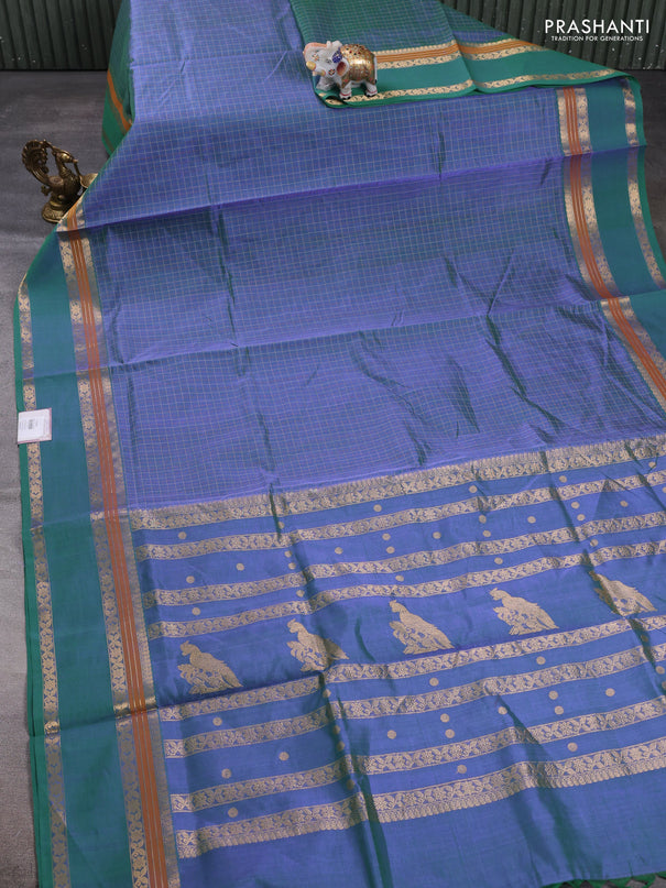 Kanchipuram silk cotton saree dual shade of bluish green with allover lakshadeepam weaves and rettapet zari woven border