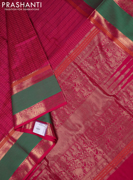 Kanchipuram silk cotton saree pink and green with allover lakshadeepam weaves and rettapet zari woven border