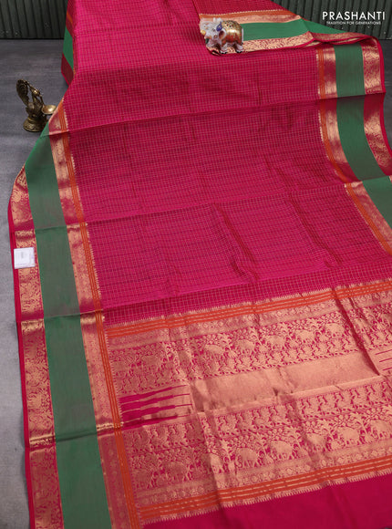 Kanchipuram silk cotton saree pink and green with allover lakshadeepam weaves and rettapet zari woven border
