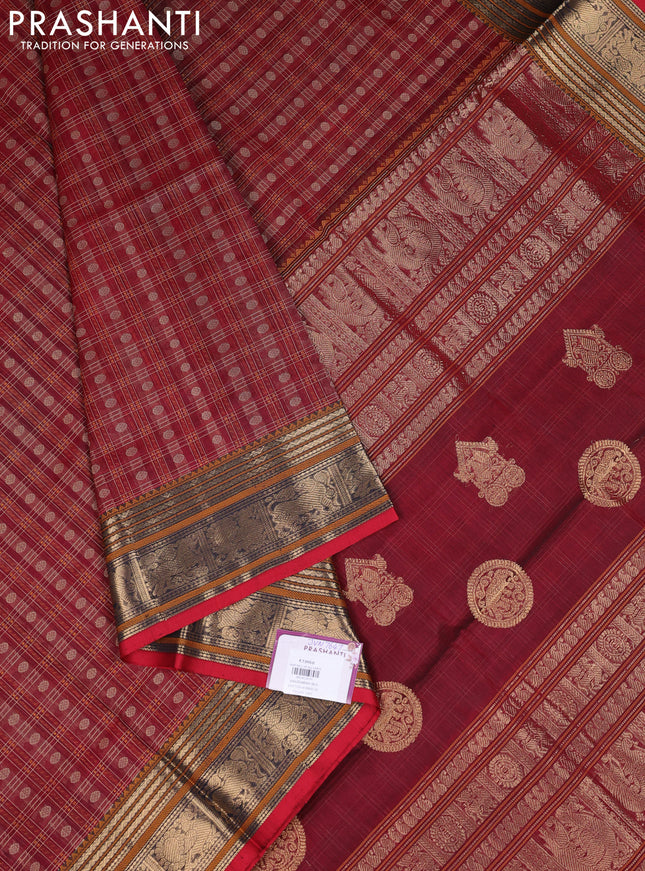 Kanchipuram silk cotton saree maroon with allover thread checks & buttas and zari woven border