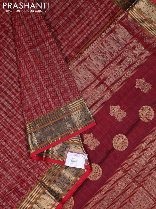 Kanchipuram silk cotton saree maroon with allover thread checks & buttas and zari woven border