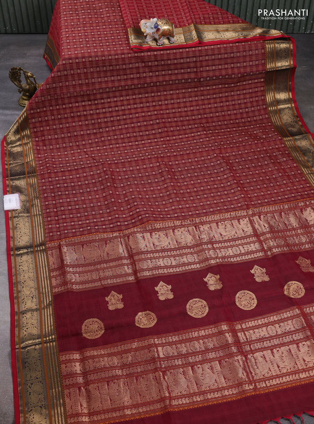 Kanchipuram silk cotton saree maroon with allover thread checks & buttas and zari woven border
