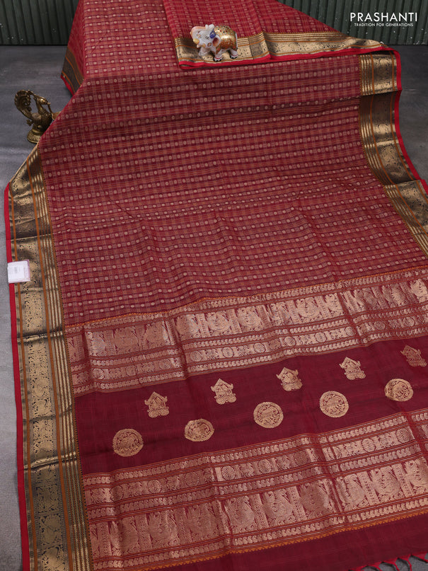 Kanchipuram silk cotton saree maroon with allover thread checks & buttas and zari woven border
