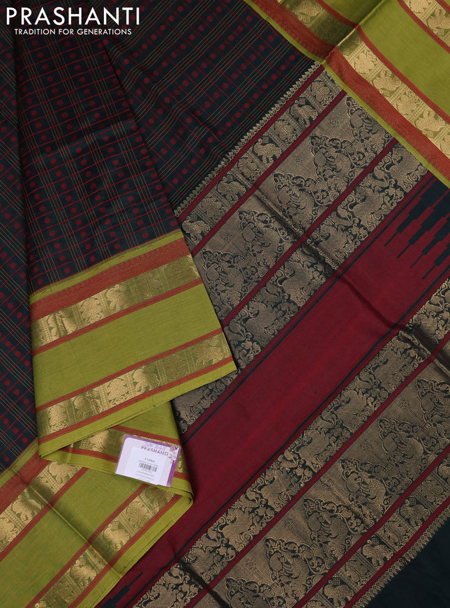 Kanchipuram silk cotton saree bottle green and light green with allover thread checks & buttas and rettapet zari woven border