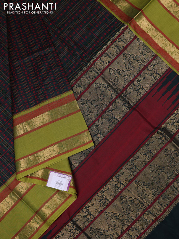 Kanchipuram silk cotton saree bottle green and light green with allover thread checks & buttas and rettapet zari woven border