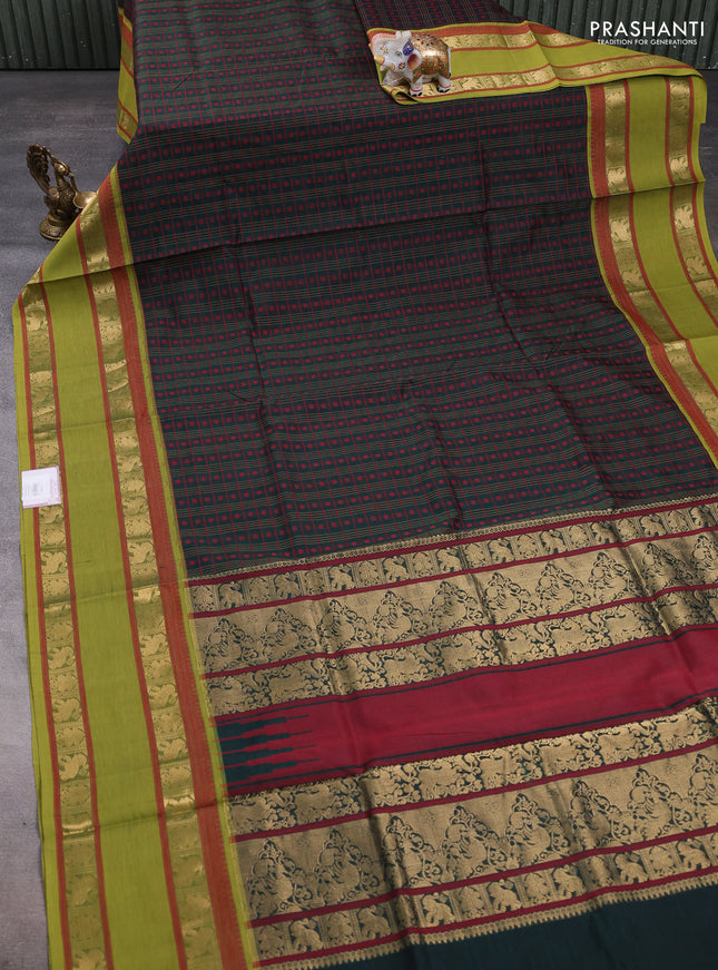 Kanchipuram silk cotton saree bottle green and light green with allover thread checks & buttas and rettapet zari woven border