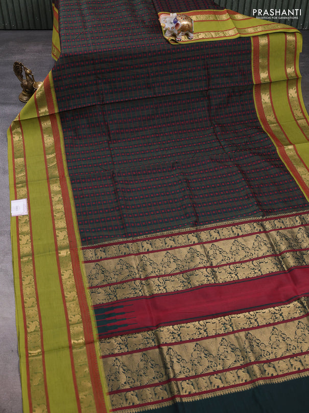 Kanchipuram silk cotton saree bottle green and light green with allover thread checks & buttas and rettapet zari woven border