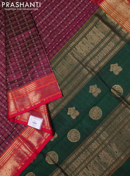 Kanchipuram silk cotton saree wine shade and red with allover thread checks & buttas and zari woven border