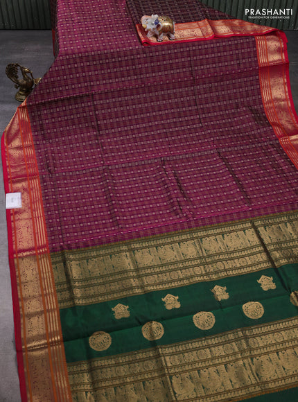 Kanchipuram silk cotton saree wine shade and red with allover thread checks & buttas and zari woven border