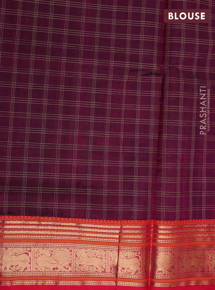 Kanchipuram silk cotton saree wine shade and red with allover thread checks & buttas and zari woven border