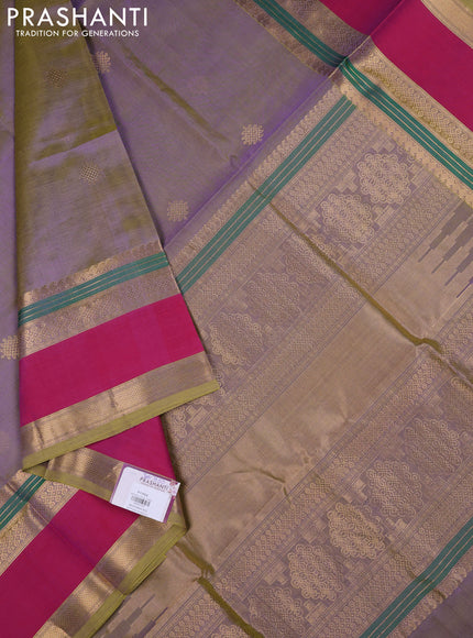 Kanchipuram silk cotton saree dual shade of greenish lavender and pink with zari woven rangoli buttas and rettapet zari woven border