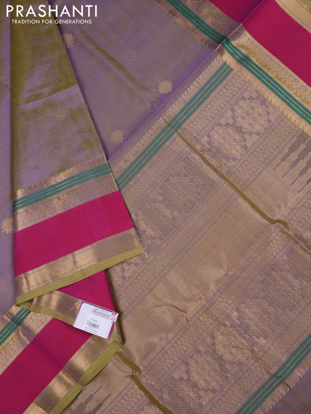 Kanchipuram silk cotton saree dual shade of greenish lavender and pink with zari woven rangoli buttas and rettapet zari woven border