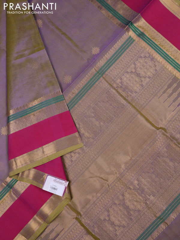 Kanchipuram silk cotton saree dual shade of greenish lavender and pink with zari woven rangoli buttas and rettapet zari woven border