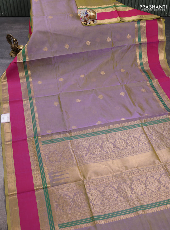 Kanchipuram silk cotton saree dual shade of greenish lavender and pink with zari woven rangoli buttas and rettapet zari woven border