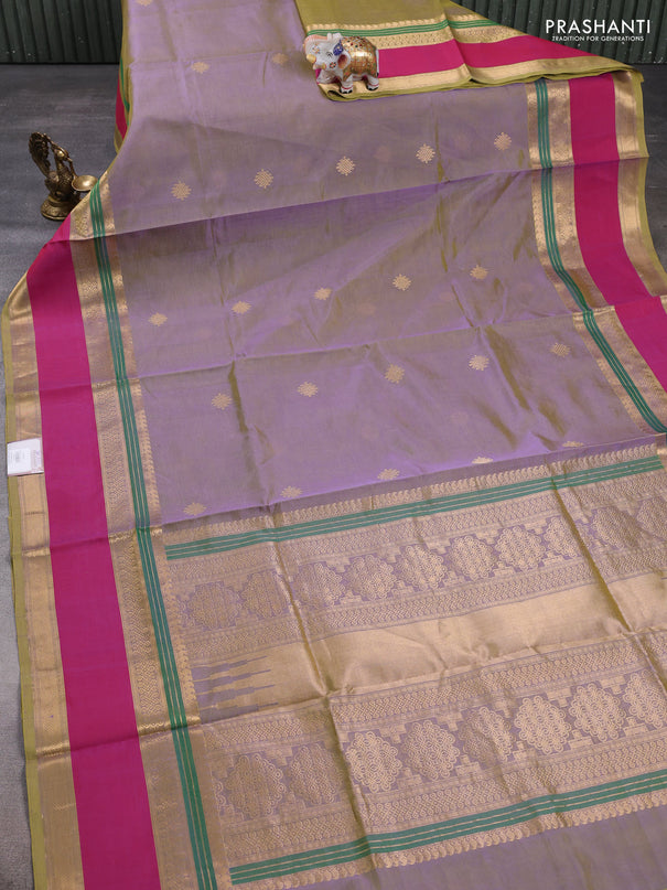 Kanchipuram silk cotton saree dual shade of greenish lavender and pink with zari woven rangoli buttas and rettapet zari woven border