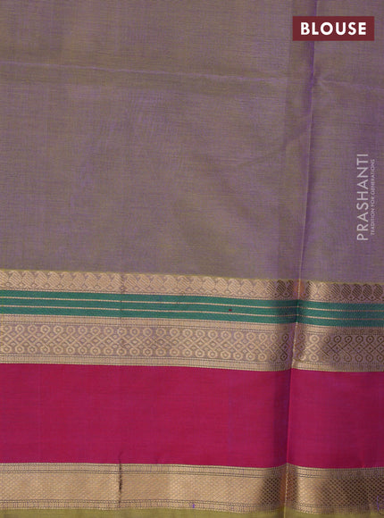 Kanchipuram silk cotton saree dual shade of greenish lavender and pink with zari woven rangoli buttas and rettapet zari woven border