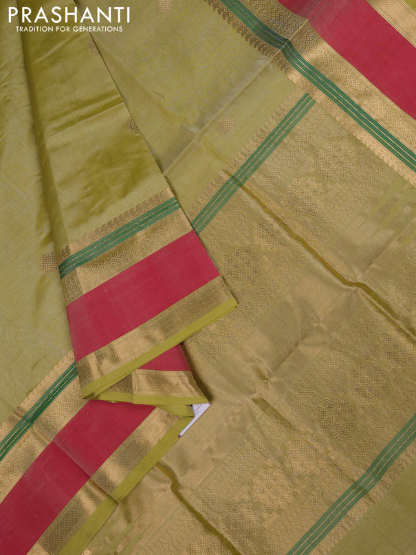 Kanchipuram silk cotton saree pista green and red with zari woven rangoli buttas and rettapet zari woven border