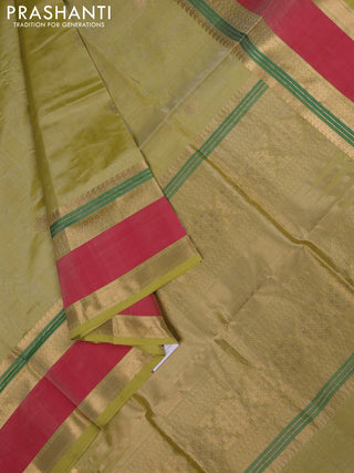 Kanchipuram silk cotton saree pista green and red with zari woven rangoli buttas and rettapet zari woven border