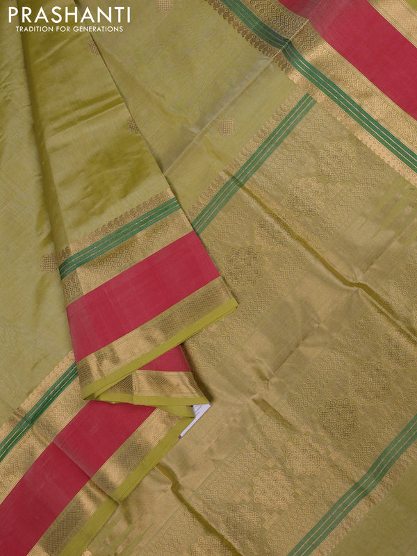 Kanchipuram silk cotton saree pista green and red with zari woven rangoli buttas and rettapet zari woven border
