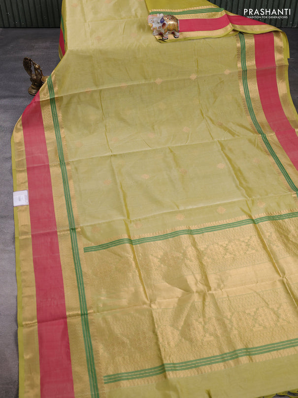 Kanchipuram silk cotton saree pista green and red with zari woven rangoli buttas and rettapet zari woven border