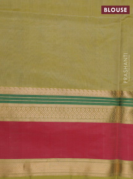 Kanchipuram silk cotton saree pista green and red with zari woven rangoli buttas and rettapet zari woven border