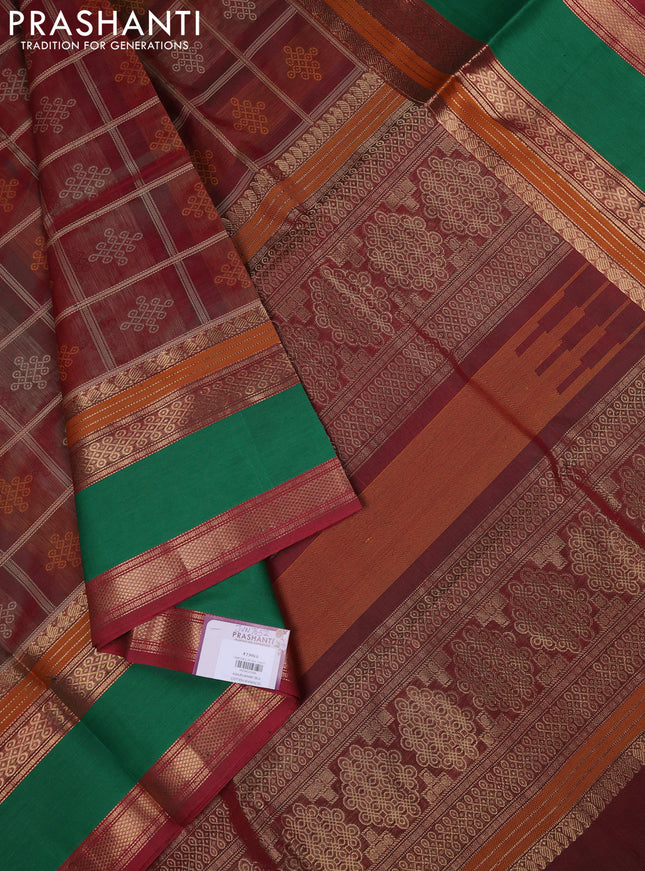 Kanchipuram silk cotton saree dual shade of maroonish green and green with allover thread checks & rangoli buttas and rettapet zari woven border
