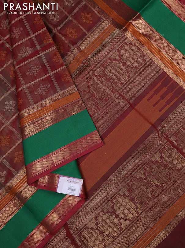 Kanchipuram silk cotton saree dual shade of maroonish green and green with allover thread checks & rangoli buttas and rettapet zari woven border