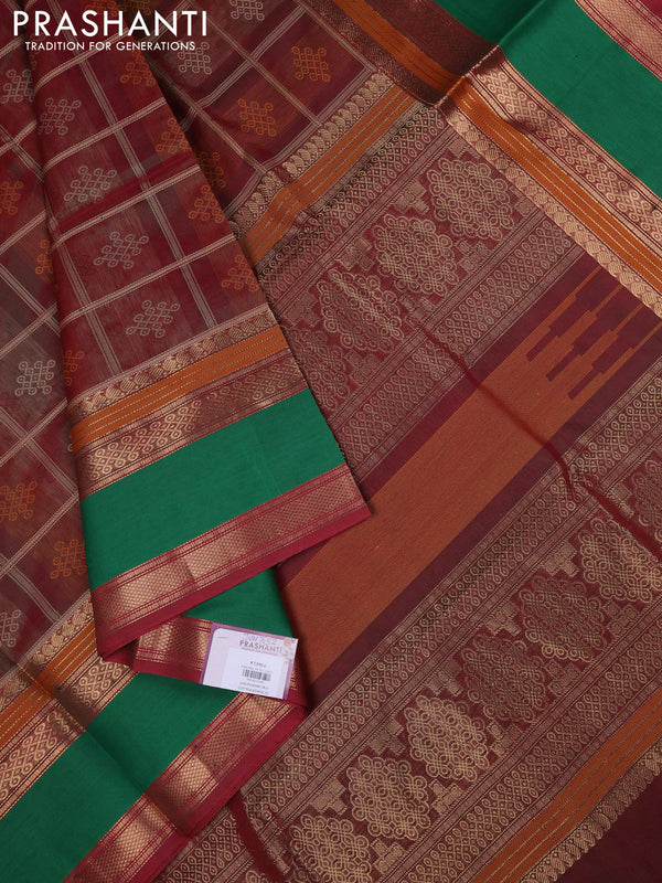 Kanchipuram silk cotton saree dual shade of maroonish green and green with allover thread checks & rangoli buttas and rettapet zari woven border