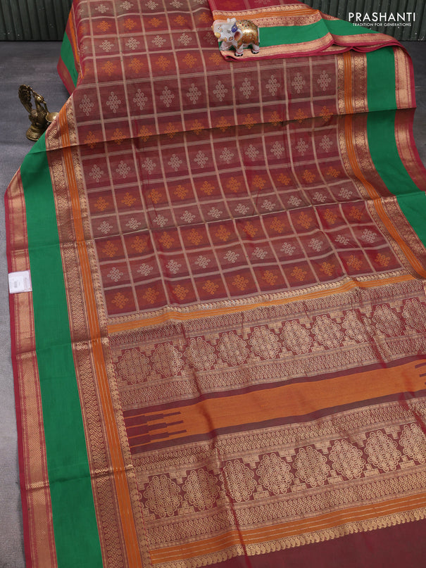 Kanchipuram silk cotton saree dual shade of maroonish green and green with allover thread checks & rangoli buttas and rettapet zari woven border