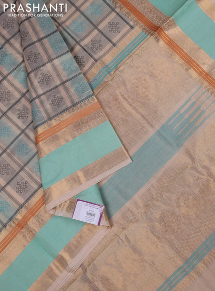 Kanchipuram silk cotton saree cream and teal blue with allover thread checks & rangoli buttas and rettapet zari woven border