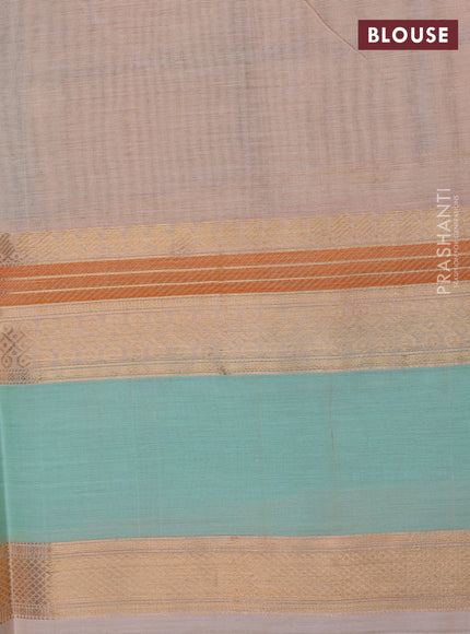 Kanchipuram silk cotton saree cream and teal blue with allover thread checks & rangoli buttas and rettapet zari woven border