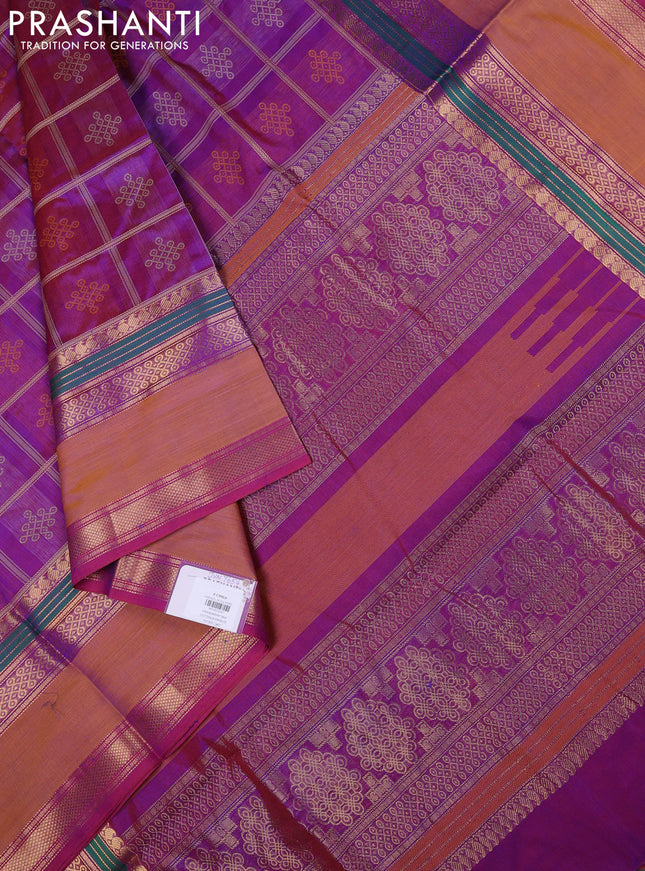 Kanchipuram silk cotton saree dual shade of purple with allover thread checks & rangoli buttas and rettapet zari woven border