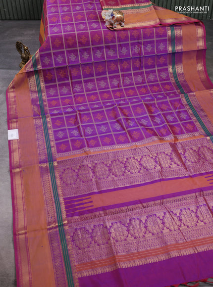 Kanchipuram silk cotton saree dual shade of purple with allover thread checks & rangoli buttas and rettapet zari woven border