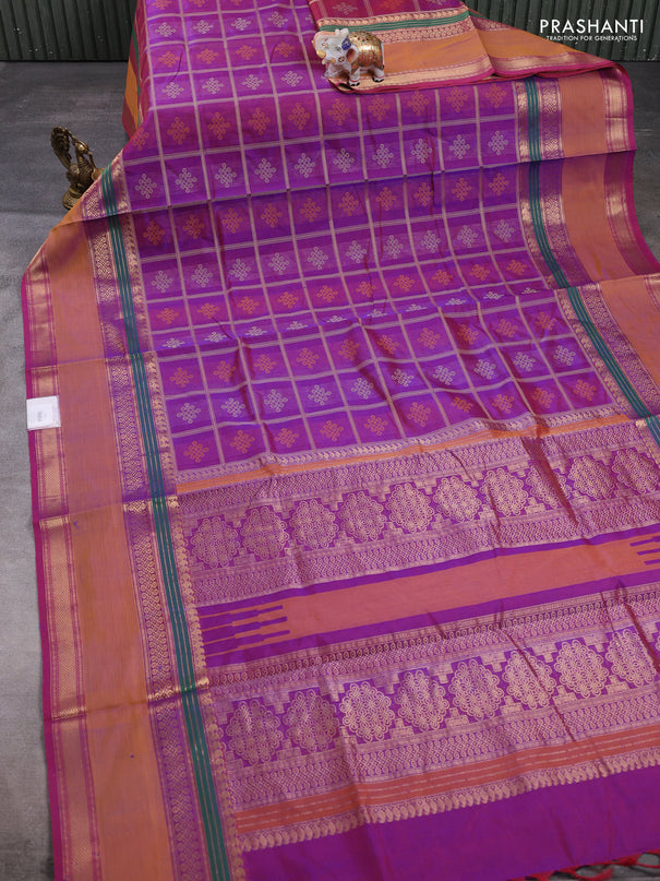 Kanchipuram silk cotton saree dual shade of purple with allover thread checks & rangoli buttas and rettapet zari woven border