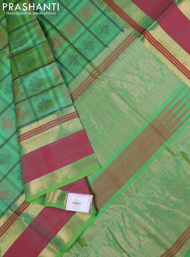 Kanchipuram silk cotton saree green and red with allover thread checks & rangoli buttas and rettapet zari woven border