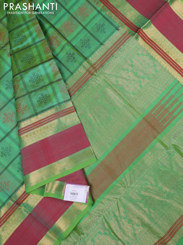 Kanchipuram silk cotton saree green and red with allover thread checks & rangoli buttas and rettapet zari woven border